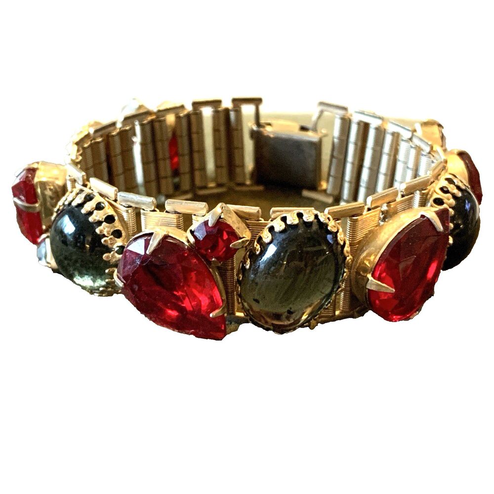 Vintage Red & Smoky Gray Glass Cabochon Link Bracelet Gold Tone Art Deco Style